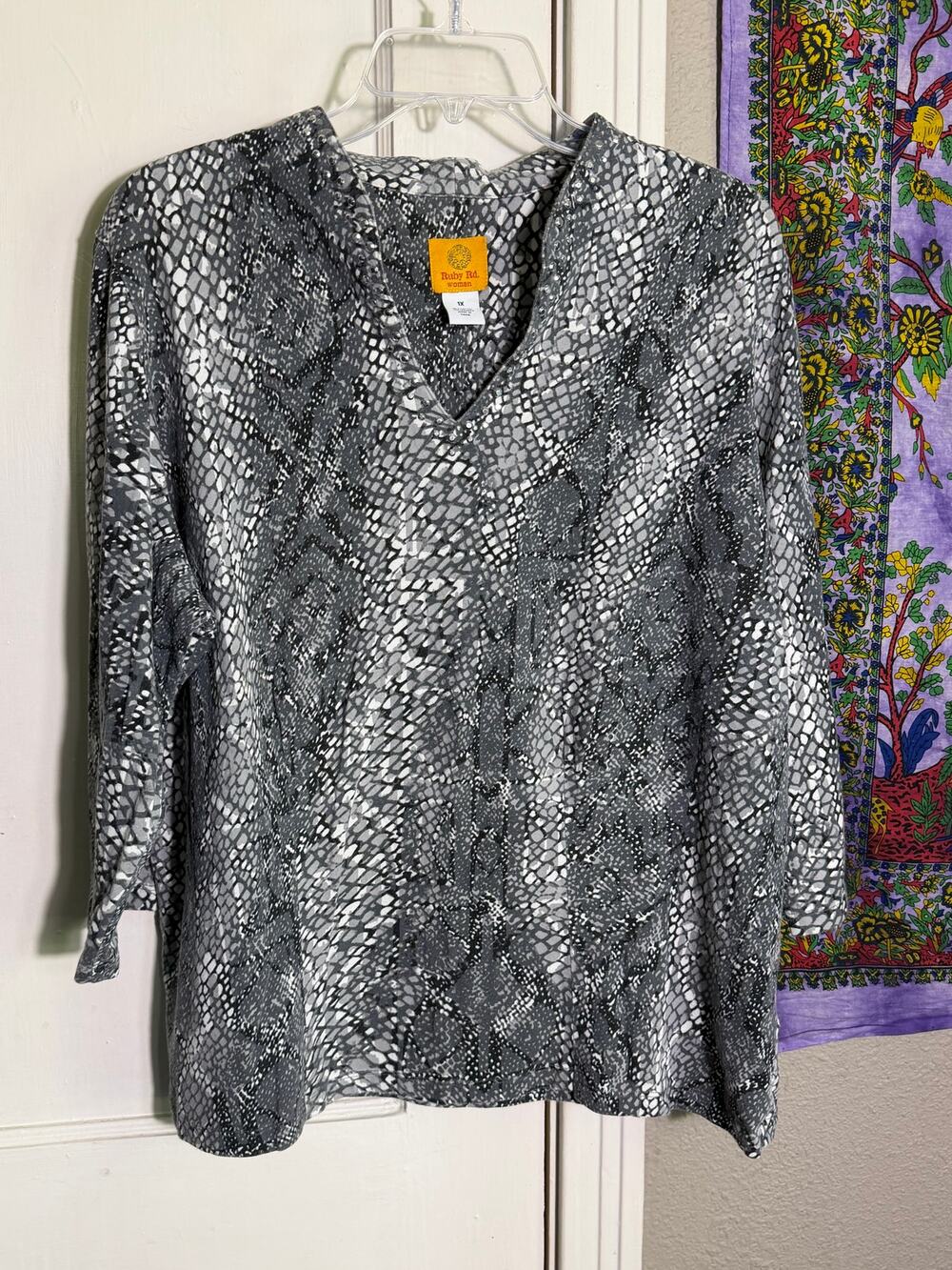 Ruby Rd Snakeskin Print Tunic Top Gray Rhinestone 3/4 Sleeve Stretch - Woman 1X